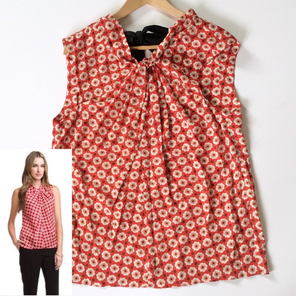 [Anne Klein] Poppy Red Moroccan Print Gathered Top